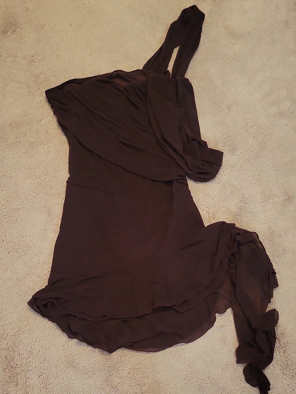 SHEIN One-Shoulder Layered Chiffon Dress in Dark Brown,back Is Shear At The Top